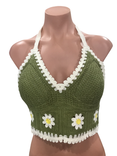 Knit Daisy Crochet Top Sage Green