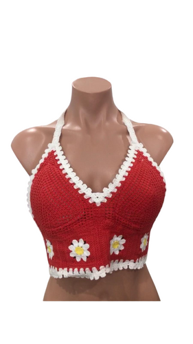 Knit Daisy Crochet Top Red