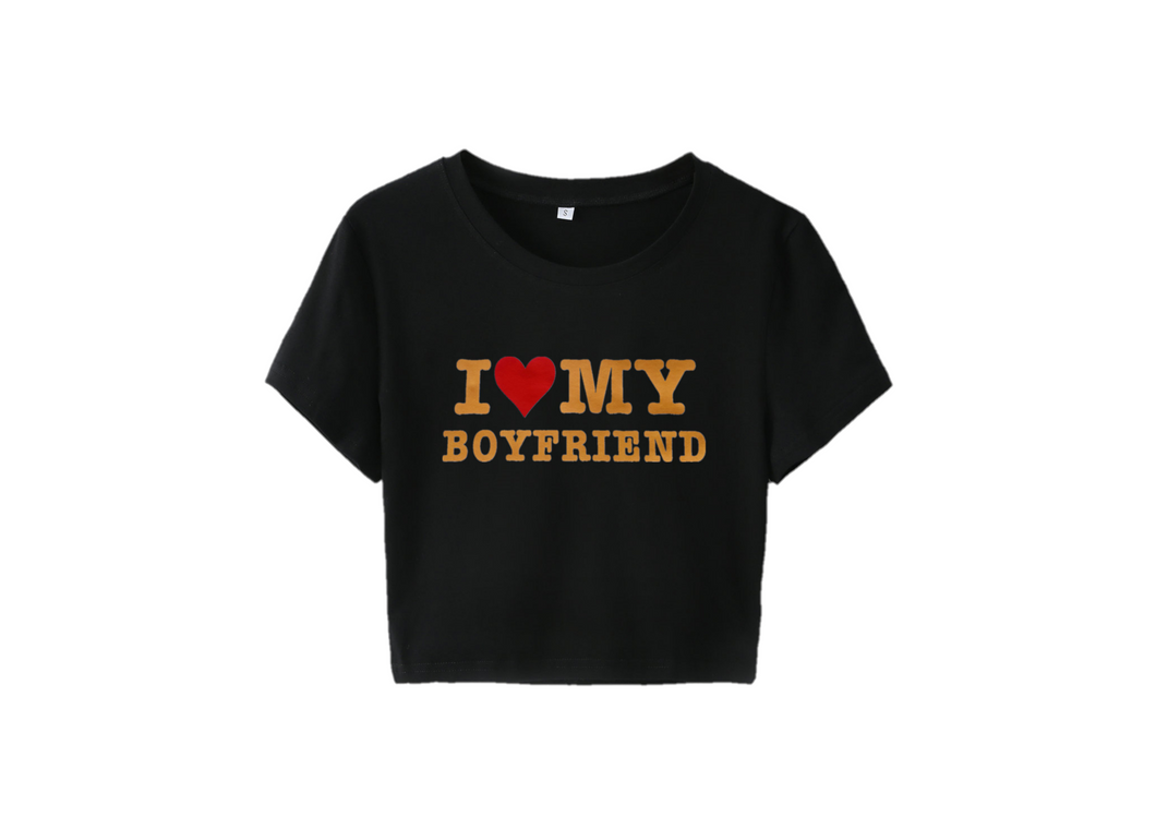 I Love My Boyfriend Crop Tee Black - Orange Font